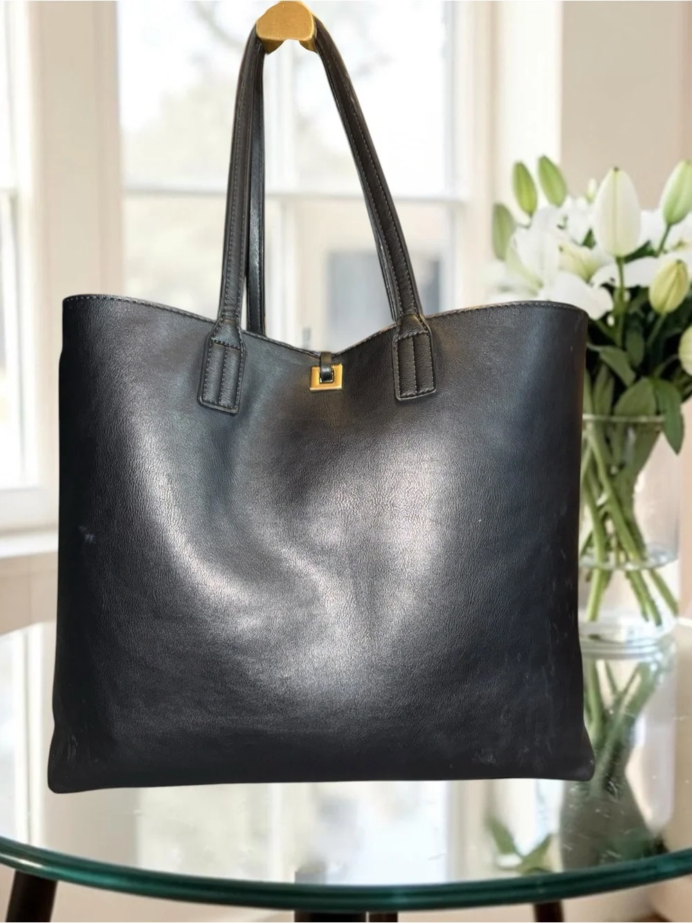 Black and Blue Reversible Tote with Bag Charm